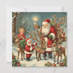 Vintage Santa with Children, Reindeer and Gifts  Card