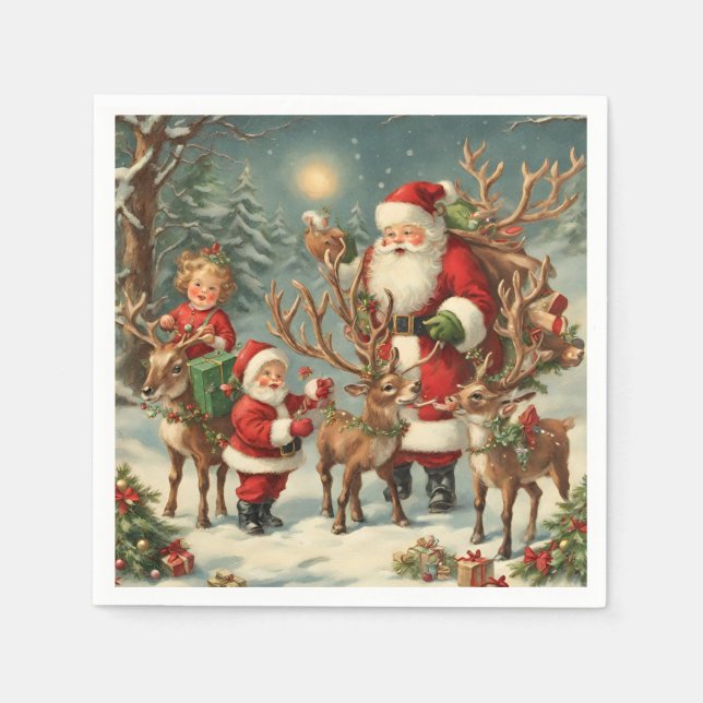 Vintage Santa with Children, Reindeer and Gifts  Napkin (Front)
