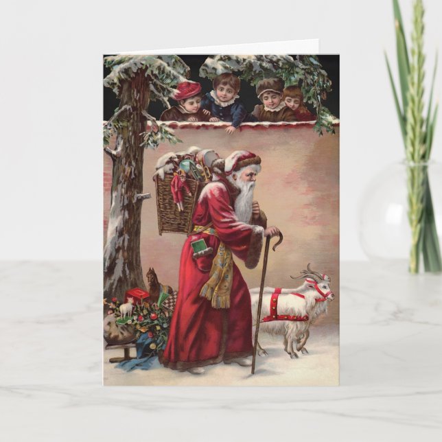 Vintage Santa with Goats Holiday Card (Front)