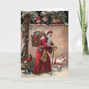 Vintage Santa with Goats Holiday Card