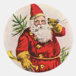 VINTAGE SANTA WITH HORN AND TREE ROUND Sticker