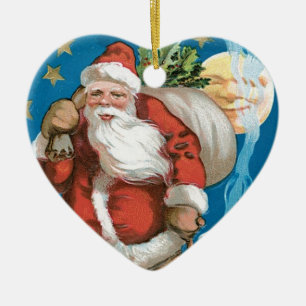Vintage Santa with Moon - heart Ceramic Ornament