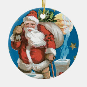 Vintage Santa with Moon - round Ceramic Ornament