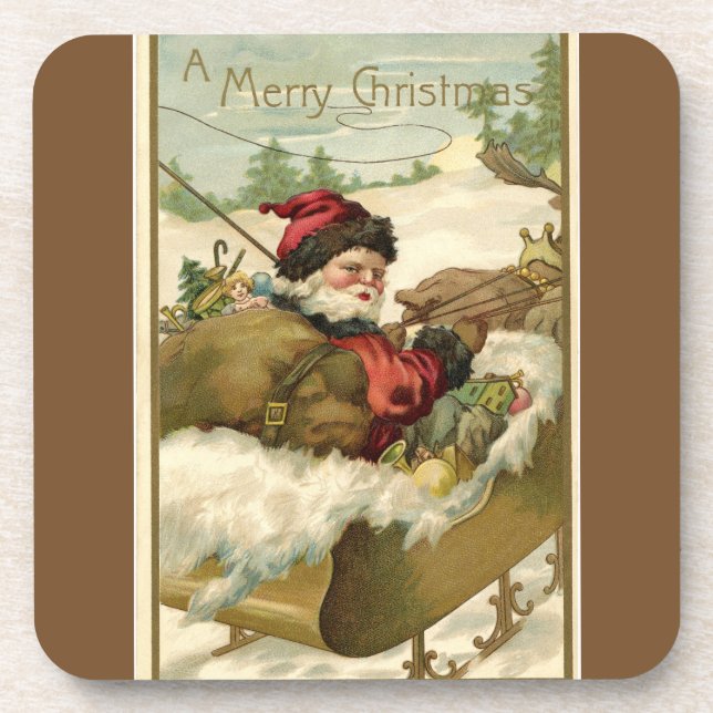 Vintage Santa with Sleigh Brown Coaster (Front)