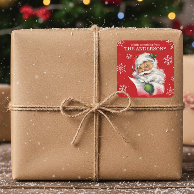 Vintage Santa With Snowflakes Custom Christmas Square Sticker (Vintage Santa With Snowflakes Custom Christmas Square Sticker)