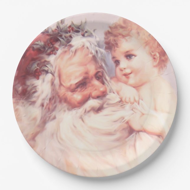 Vintage Santa With Sweet Small Child Paper Plate (Front)