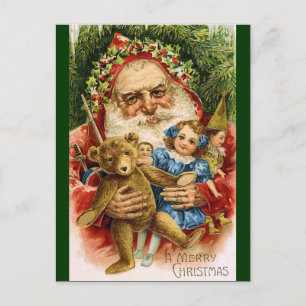 Vintage Santa with Teddy and Dolls Holiday Postcard