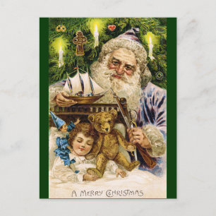 Vintage Santa with Teddy and Ship Holiday Postcard
