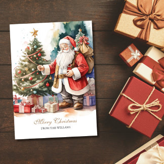 Vintage Santa & Xmas Tree Personalised Holiday Card