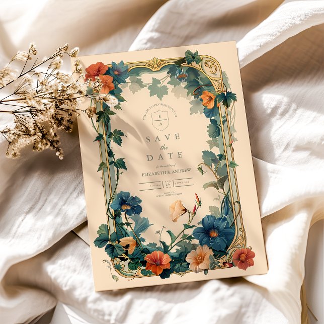 Vintage Sapphire Bloom Frame Wedding Save The Date (Creator Uploaded)