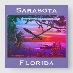 Vintage Sarasota, FL Beach Sunset - Gulf of Mexico Square Wall Clock