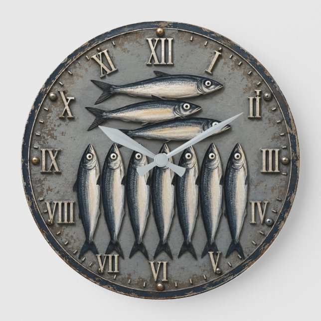 Vintage Sardines Coastal Fishing Kitchen  Large Clock (Front)