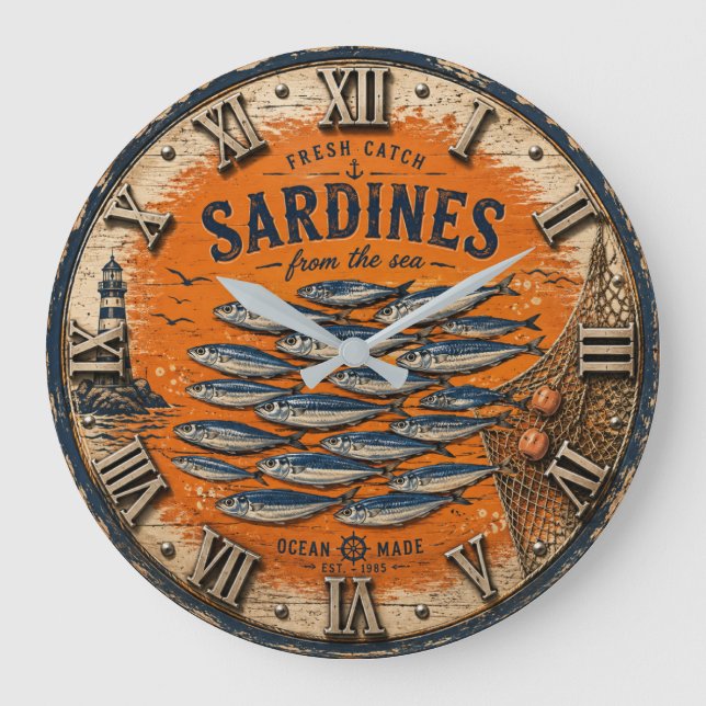 Vintage Sardines  Coastal Nautical Kitchen Large Clock (Front)