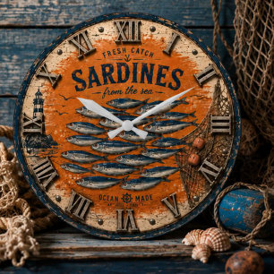 Vintage Sardines Coastal Nautical Kitchen Large Clock
