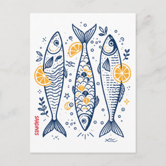 Vintage Sardines Mediterranean Fish Illustration Postcard
