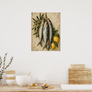 Vintage Sardines with Lemons & Olives Mediterranea Poster