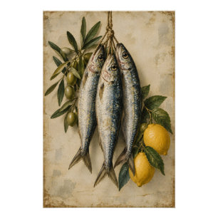 Vintage Sardines with Lemons & Olives Mediterranea Poster