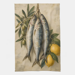Vintage Sardines with Lemons & Olives Mediterranea Tea Towel