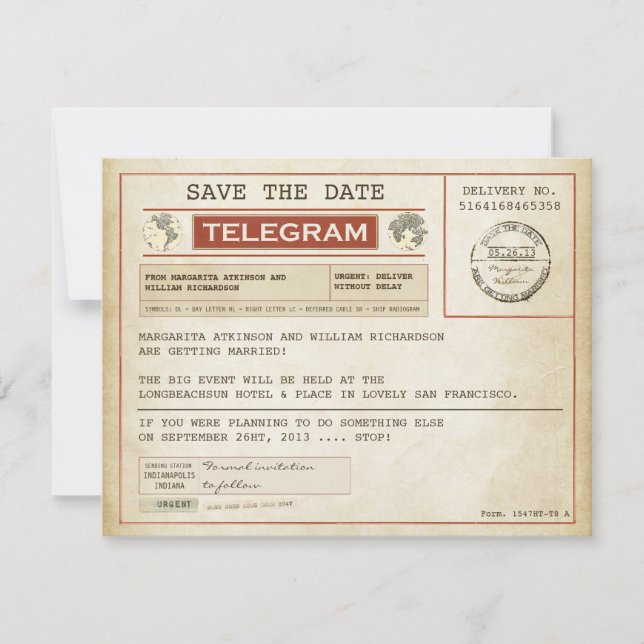 vintage save the date old telegrams (Front)