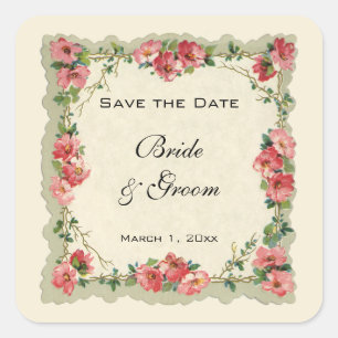 Vintage Save the Date, Pink Flowers Floral Roses Square Sticker