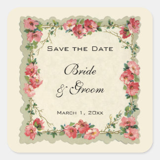 Vintage Save the Date, Pink Flowers Floral Roses Square Sticker