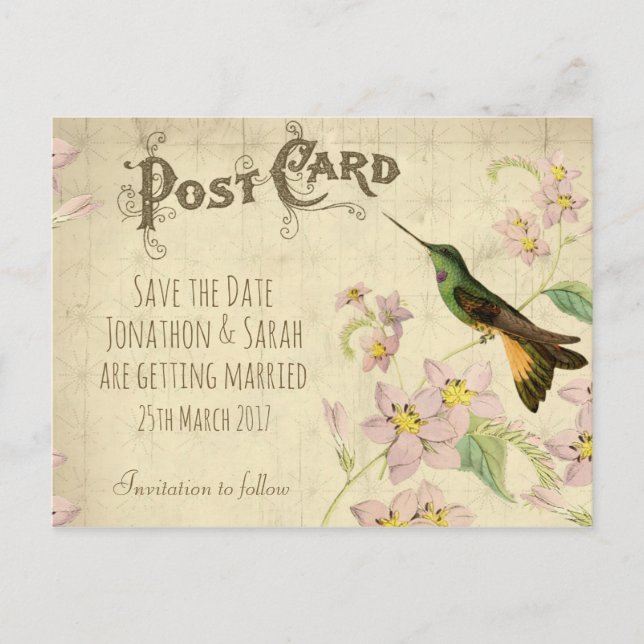 Vintage save the date postcard hummingbird (Front)