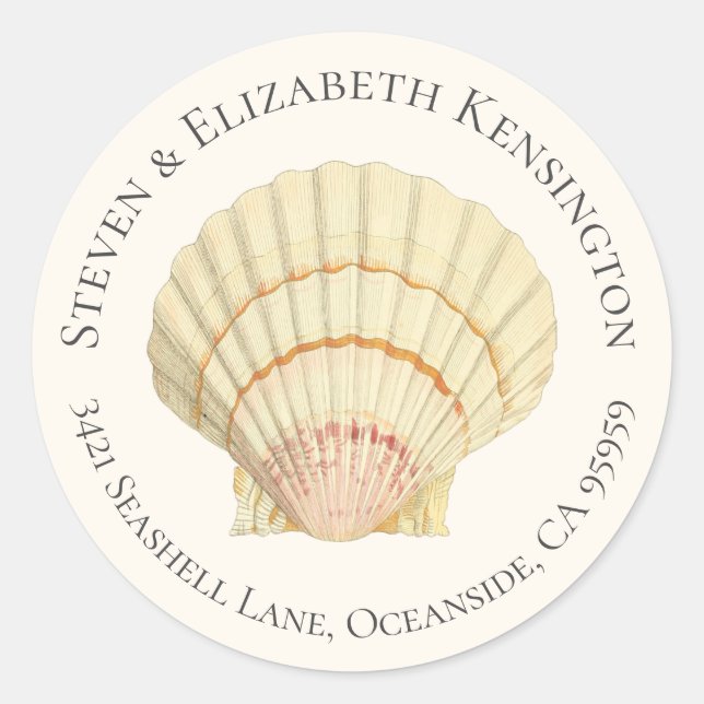 Vintage Scallop Single Seashell Address Classic Round Sticker (Front)