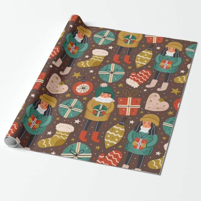 Vintage Scandinavian Christmas Holiday Wrapping Paper (Unrolled)