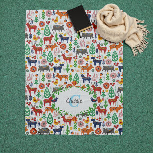 Vintage Scandinavian Folk Art Monogram Pattern Fleece Blanket