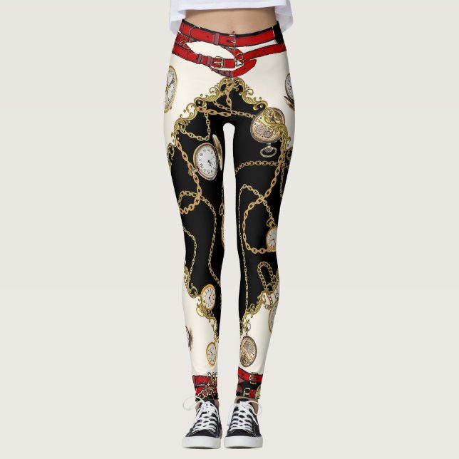 Vintage Scarf: Chain Clock Pattern Leggings (Front)