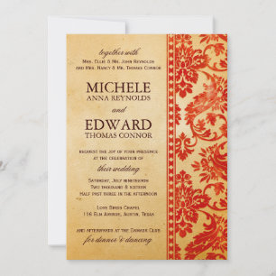 Vintage Scarlet Damask Lace Wedding Invitation