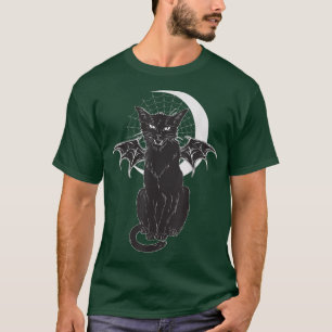 Vintage Scary Black Cat With Bat Wings And Moon Ha T-Shirt