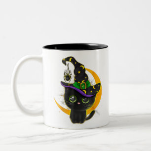 Vintage Scary Halloween Black Cat Costume Witch Ha Two-Tone Coffee Mug