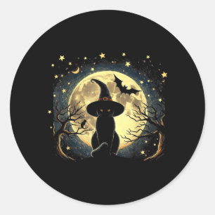 Vintage Scary Halloween Black Cat Van Gogh Starry Classic Round Sticker