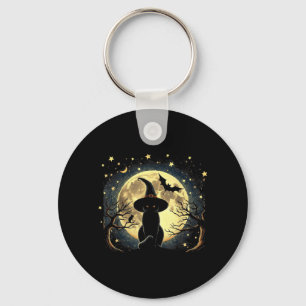 Vintage Scary Halloween Black Cat Van Gogh Starry Key Ring
