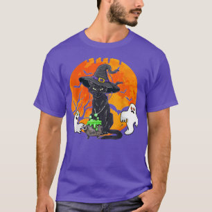 Vintage Scary Halloween Black Cat Witch Hat T-Shirt