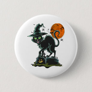 Vintage Scary Halloween Black Green-eyed Cat Witch 6 Cm Round Badge