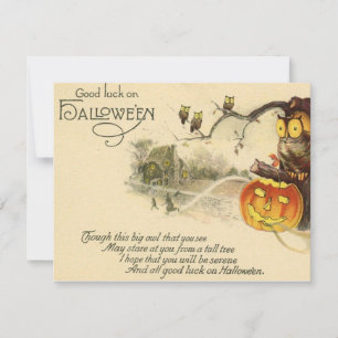 Vintage Scary Owl Jack O Lantern Witches Halloween Card