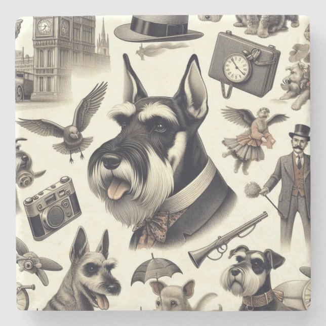 Vintage Schnauzer Illustration Stone Coaster (Front)