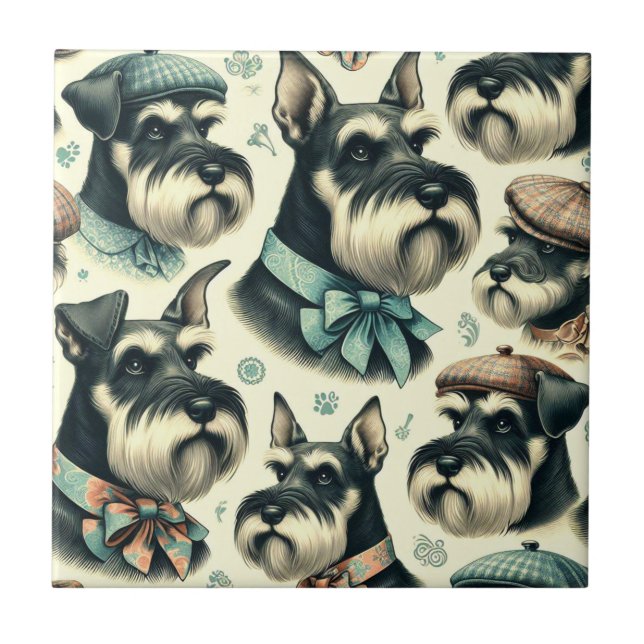 Vintage Schnauzer Seamless Illustration Ceramic Tile (Front)