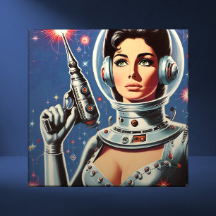 Vintage Sci-fi Astronaut Girl Ceramic Tile