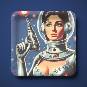 Vintage Sci-fi Astronaut Girl Paper Plate