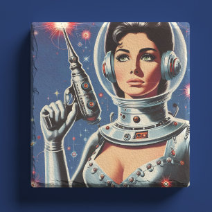 Vintage Sci-fi Astronaut Girl Stone Coaster