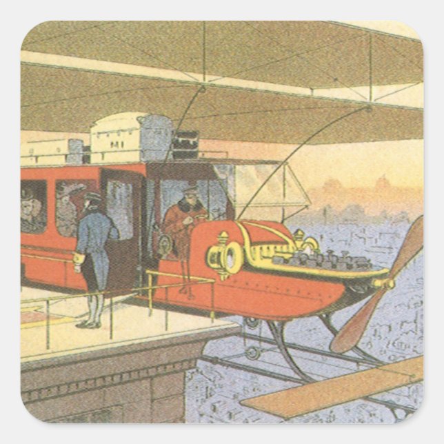 Vintage Science Fiction Aeroplane Helicopter Limo Square Sticker (Front)