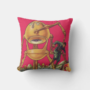 Vintage Science Fiction Alien Robot Captures Man Cushion