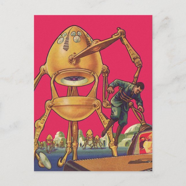 Vintage Science Fiction Alien Robot Captures Man Postcard (Front)