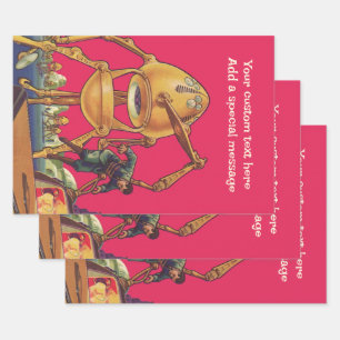 Vintage Science Fiction Alien Robot Captures Man Wrapping Paper Sheet