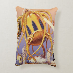 Vintage Science Fiction Alien War Invasion Octopus Decorative Cushion