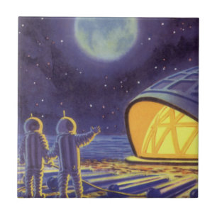 Vintage Science Fiction Aliens on Blue Planet Moon Ceramic Tile