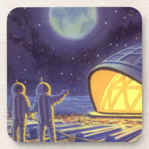 Vintage Science Fiction Aliens on Blue Planet Moon Coaster
